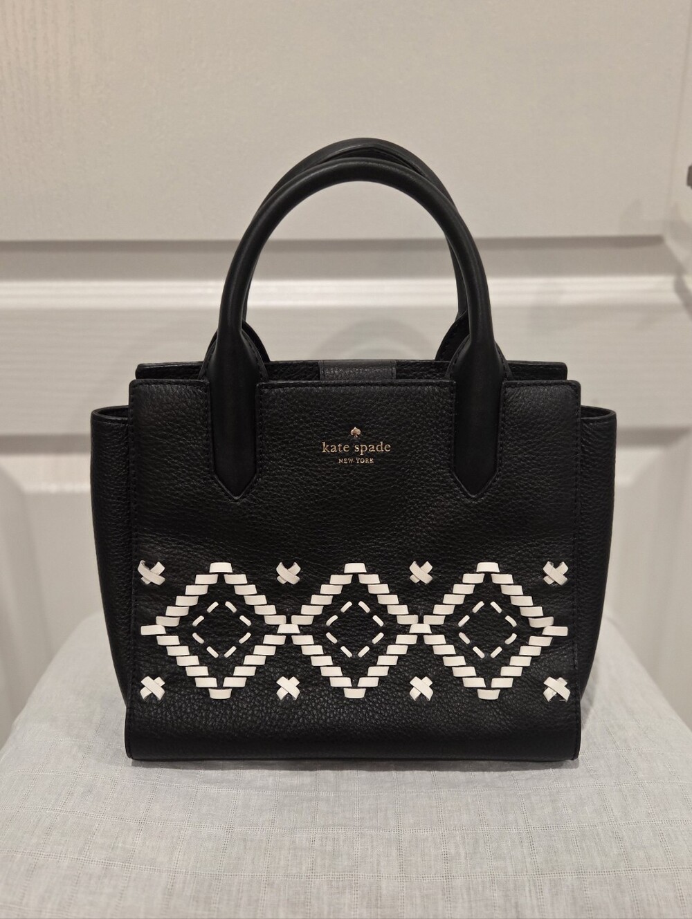 kate spade Black Satchel with White Embroidered Pattern